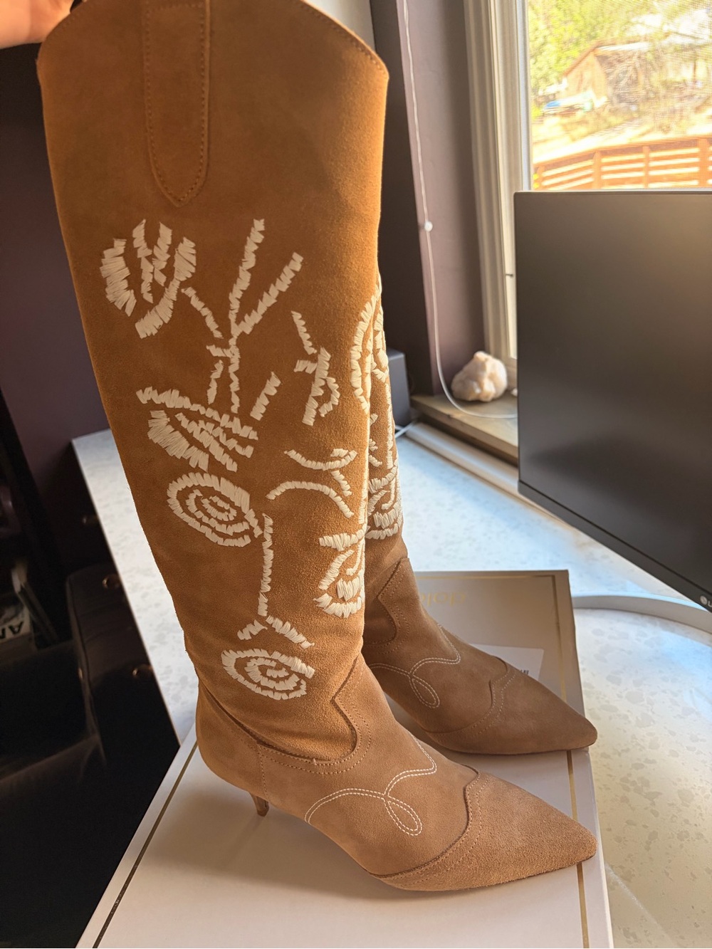Women’s Tan Suede Embroidered Knee-High Boots
